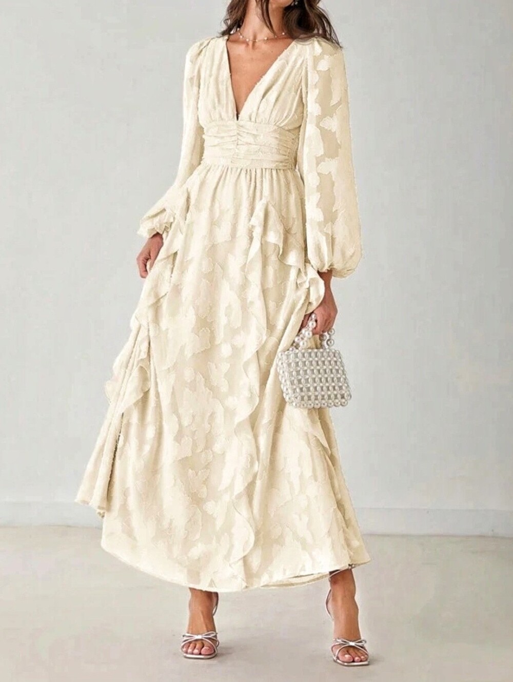 New Flowy Jacquard Ruffle Lantern Sleeve Ruched Waist Maxi Dress Ivory Cream - Picture 6 of 11